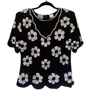 VTG sequin black and white top 1980s 100% silk M floral